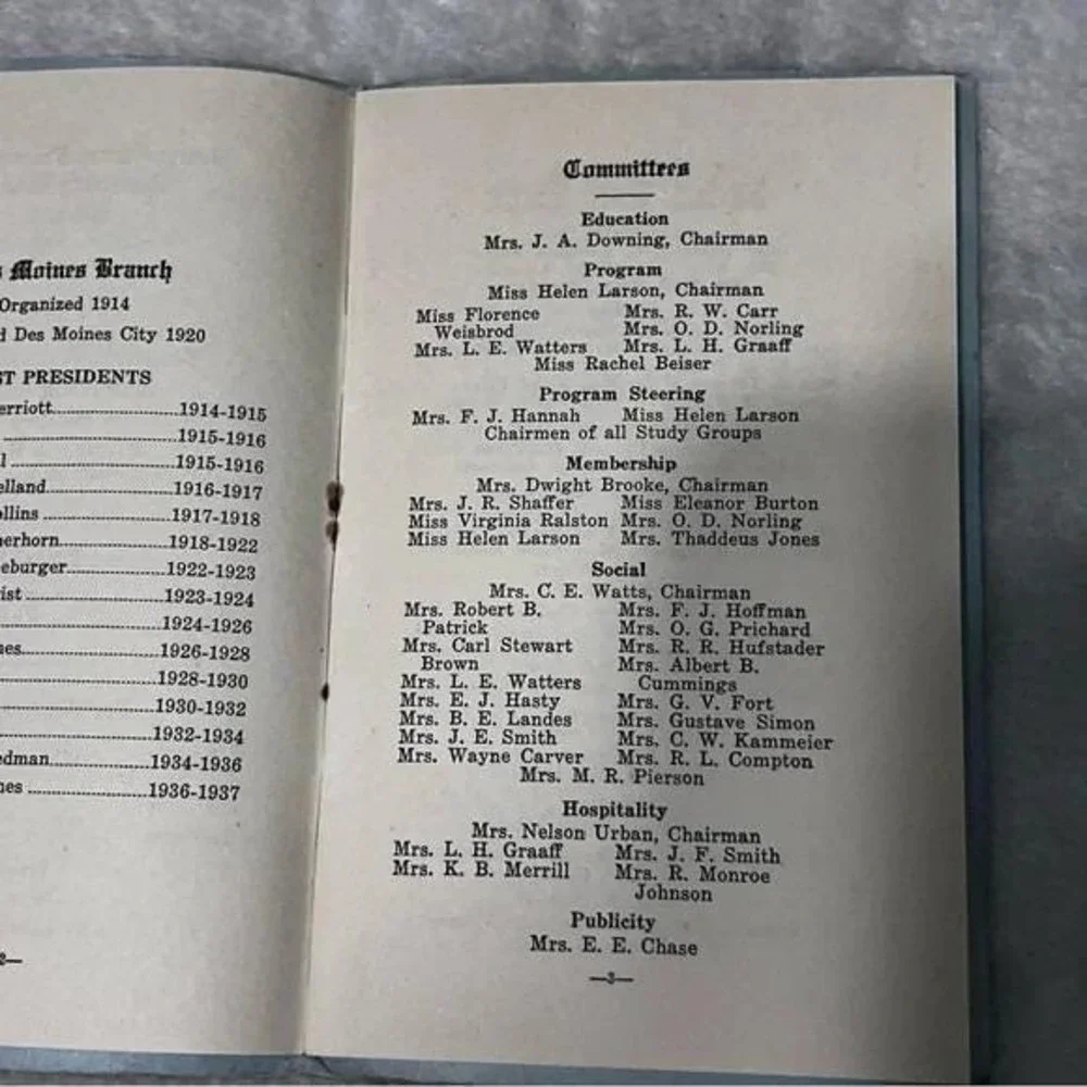 American Assoc of University Women Des Moines IA Branch Vtg Booklet 1937-38 DBX